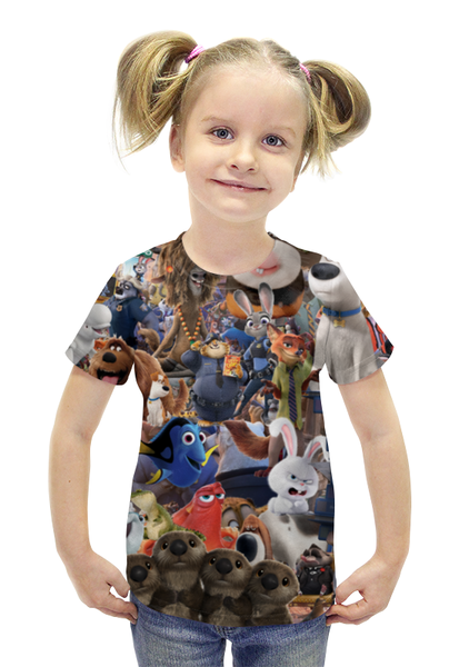 Заказать детскую футболку в Москве. Футболка с полной запечаткой для девочек Мультфильмы от AstArt - готовые дизайны и нанесение принтов.