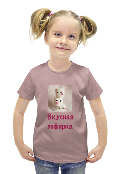 Заказать детскую футболку в Москве. Футболка с полной запечаткой для девочек Вкусная зефирка от Маняня Картофелина - готовые дизайны и нанесение принтов.