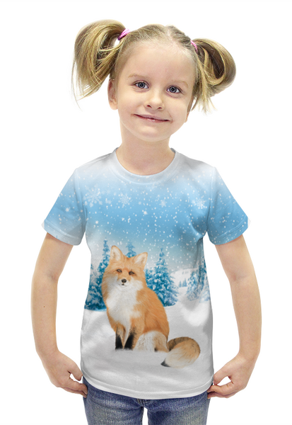 Заказать детскую футболку в Москве. Футболка с полной запечаткой для девочек Лисичка в снегу. от Zorgo-Art  - готовые дизайны и нанесение принтов.