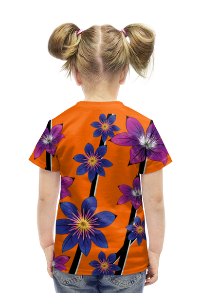 Заказать детскую футболку в Москве. Футболка с полной запечаткой для девочек синие цветы от ELENA ZHARINOVA - готовые дизайны и нанесение принтов.
