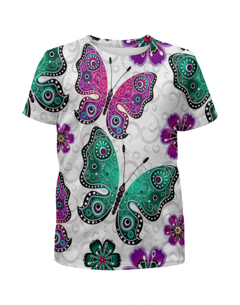 Заказать детскую футболку в Москве. Футболка с полной запечаткой для девочек Цветные бабочки от THE_NISE  - готовые дизайны и нанесение принтов.
