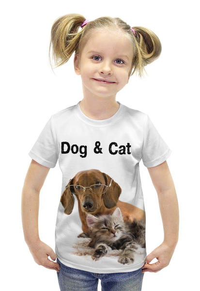 Заказать детскую футболку в Москве. Футболка с полной запечаткой для девочек Пес и кот от seregin - готовые дизайны и нанесение принтов.