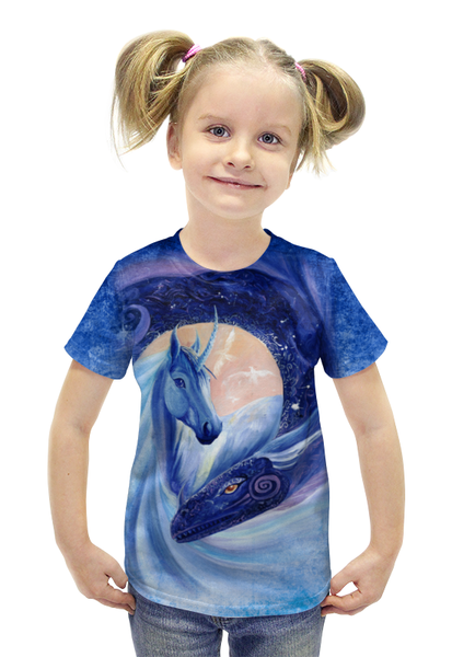 Заказать детскую футболку в Москве. Футболка с полной запечаткой для девочек Единорог и дракон от hontor - готовые дизайны и нанесение принтов.