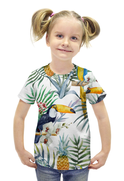 Заказать детскую футболку в Москве. Футболка с полной запечаткой для девочек Пеликан и ананасы от nadegda - готовые дизайны и нанесение принтов.