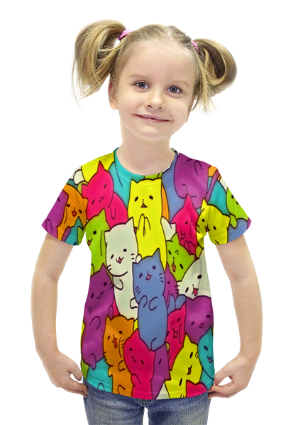 Заказать детскую футболку в Москве. Футболка с полной запечаткой для девочек Котики цветные от THE_NISE  - готовые дизайны и нанесение принтов.