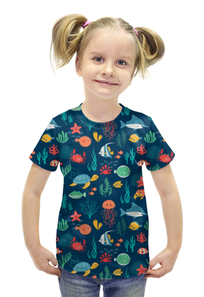 Заказать детскую футболку в Москве. Футболка с полной запечаткой для девочек Рыбки от fanart - готовые дизайны и нанесение принтов.