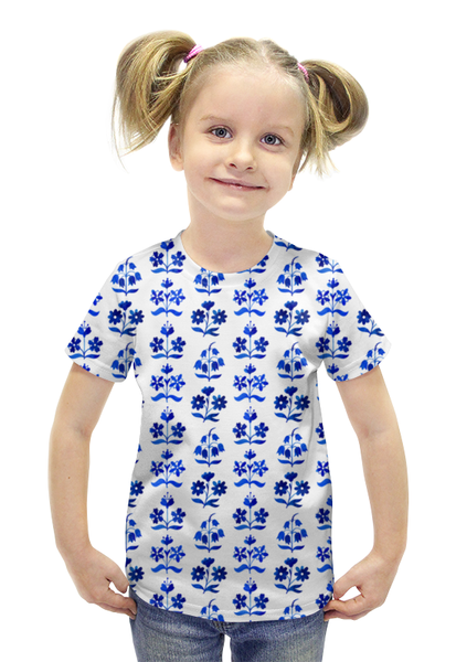 Заказать детскую футболку в Москве. Футболка с полной запечаткой для девочек  голубые цветы от THE_NISE  - готовые дизайны и нанесение принтов.