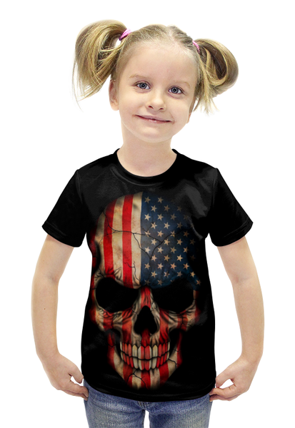 Заказать детскую футболку в Москве. Футболка с полной запечаткой для девочек Череп/Флаг США от Leichenwagen - готовые дизайны и нанесение принтов.