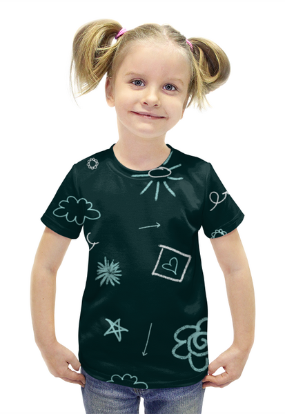 Заказать детскую футболку в Москве. Футболка с полной запечаткой для девочек Меловая доска от Irinakn - готовые дизайны и нанесение принтов.