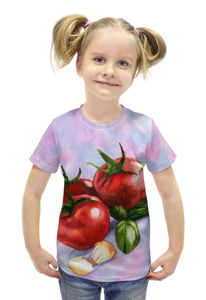 Заказать детскую футболку в Москве. Футболка с полной запечаткой для девочек Томаты и базилик от anomalica - готовые дизайны и нанесение принтов.