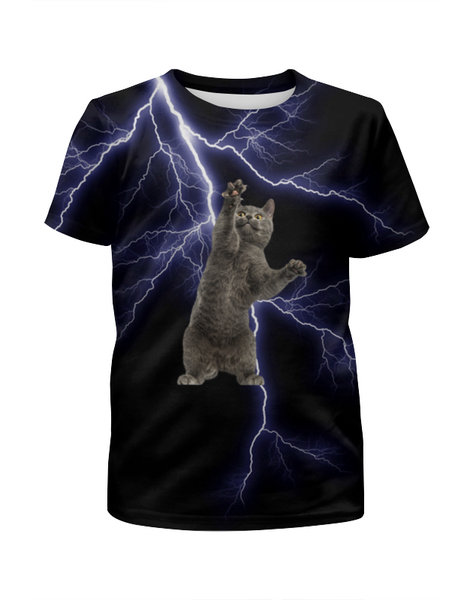 Заказать детскую футболку в Москве. Футболка с полной запечаткой для девочек  Кот и молния от THE_NISE  - готовые дизайны и нанесение принтов.