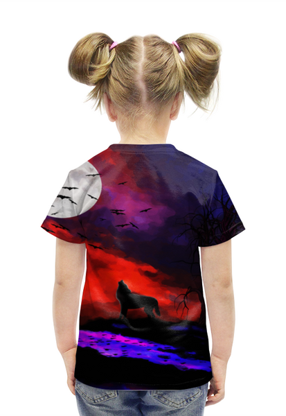 Заказать детскую футболку в Москве. Футболка с полной запечаткой для девочек Волк воющий на луну от  PRO_DESIGN - готовые дизайны и нанесение принтов.