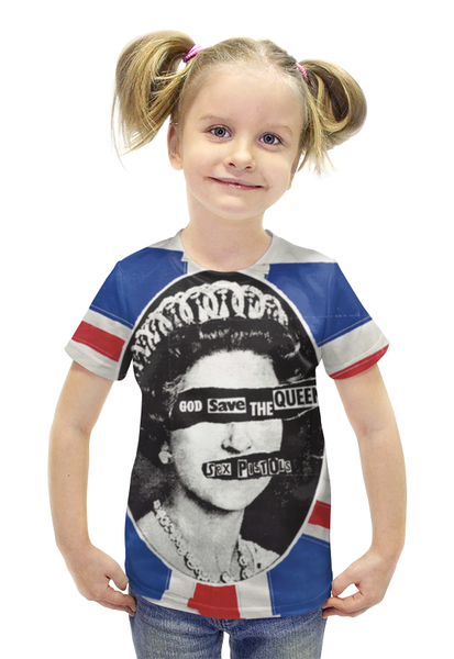 Заказать детскую футболку в Москве. Футболка с полной запечаткой для девочек God Save The Queen (Sex Pistols) от Broadway music - готовые дизайны и нанесение принтов.