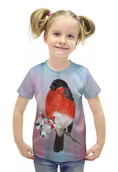 Заказать детскую футболку в Москве. Футболка с полной запечаткой для девочек Снегирь на веточке от Irinakn - готовые дизайны и нанесение принтов.