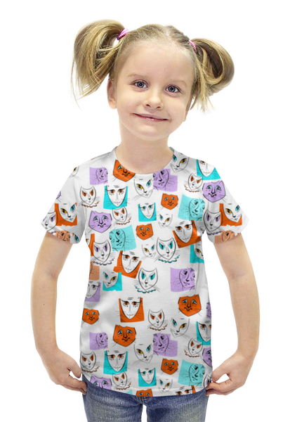 Заказать детскую футболку в Москве. Футболка с полной запечаткой для девочек Странные кошки паттерн от ELENA ZHARINOVA - готовые дизайны и нанесение принтов.