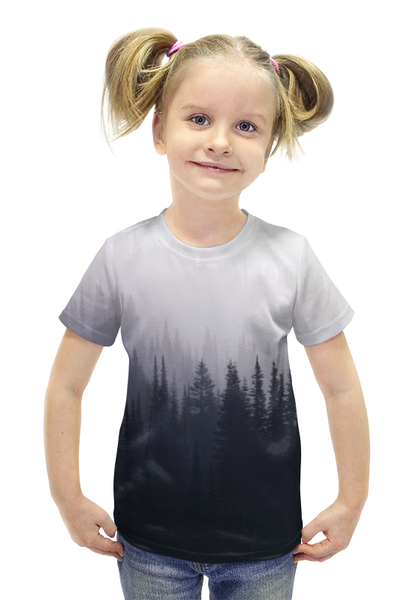 Заказать детскую футболку в Москве. Футболка с полной запечаткой для девочек Туман в лесу от inPrintio - готовые дизайны и нанесение принтов.
