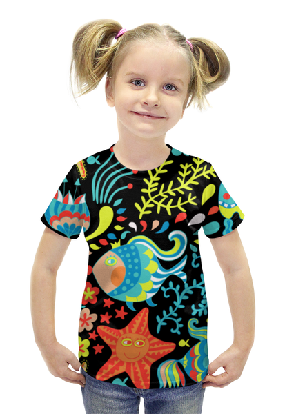 Заказать детскую футболку в Москве. Футболка с полной запечаткой для девочек Обитатели моря от Amerikanka - готовые дизайны и нанесение принтов.