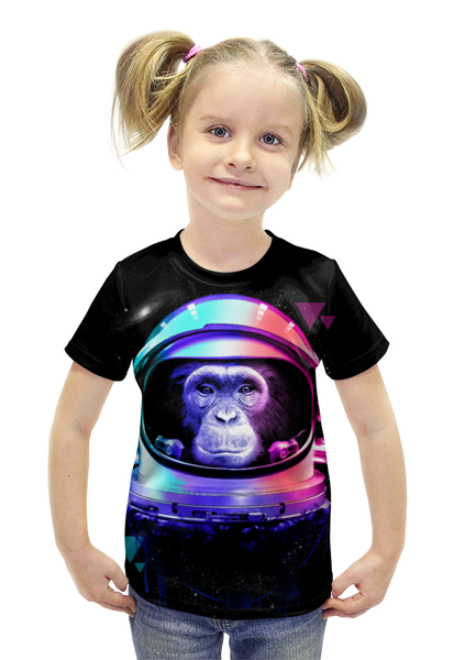 Заказать детскую футболку в Москве. Футболка с полной запечаткой для девочек Обезьяна космонавт от printik - готовые дизайны и нанесение принтов.