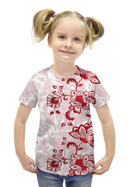 Заказать детскую футболку в Москве. Футболка с полной запечаткой для девочек Красные цветочки от THE_NISE  - готовые дизайны и нанесение принтов.