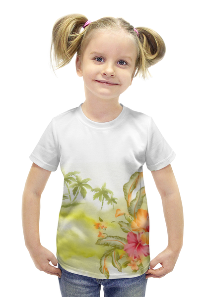 Заказать детскую футболку в Москве. Футболка с полной запечаткой для девочек Тропические цветы, пальмы. от valezar - готовые дизайны и нанесение принтов.