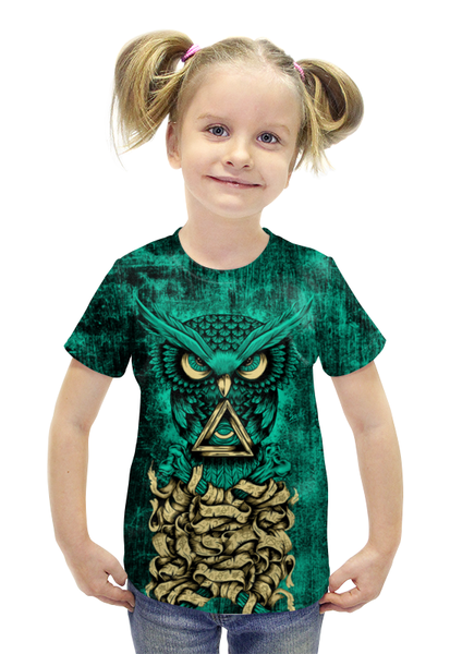 Заказать детскую футболку в Москве. Футболка с полной запечаткой для девочек Сова с треугольником от inPrintio - готовые дизайны и нанесение принтов.