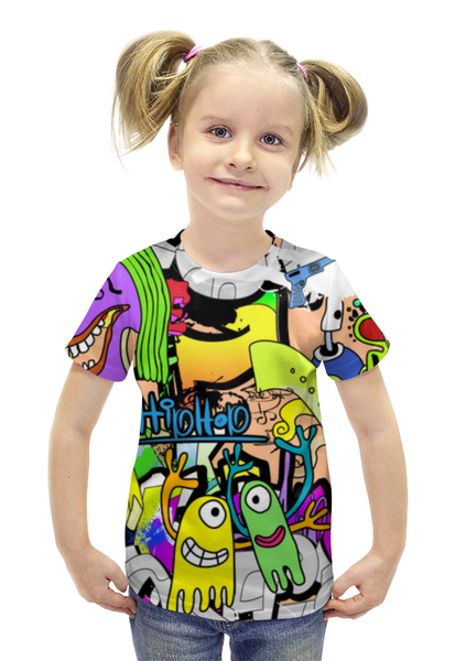 Заказать детскую футболку в Москве. Футболка с полной запечаткой для девочек Граффити от T-shirt print  - готовые дизайны и нанесение принтов.