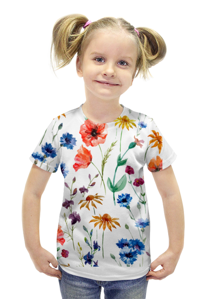Заказать детскую футболку в Москве. Футболка с полной запечаткой для девочек Полевые цветы от Romanova - готовые дизайны и нанесение принтов.