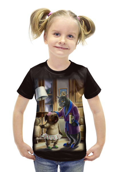 Заказать детскую футболку в Москве. Футболка с полной запечаткой для девочек Собачка с мамой кошкой от ПРИНТЫ ПЕЧАТЬ  - готовые дизайны и нанесение принтов.