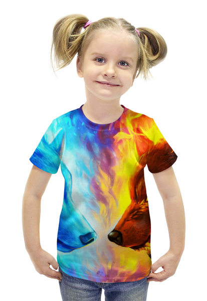 Заказать детскую футболку в Москве. Футболка с полной запечаткой для девочек Волки огонь и вода от  PRO_DESIGN - готовые дизайны и нанесение принтов.