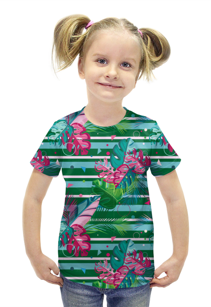 Заказать детскую футболку в Москве. Футболка с полной запечаткой для девочек Полосатые тропики от IrinkaArt  - готовые дизайны и нанесение принтов.