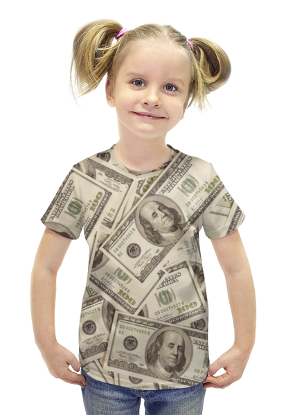 Заказать детскую футболку в Москве. Футболка с полной запечаткой для девочек Деньги (Доллары) от trugift - готовые дизайны и нанесение принтов.