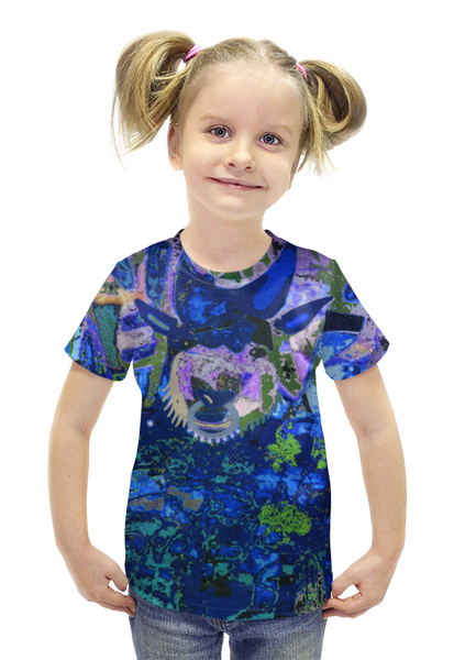 Заказать детскую футболку в Москве. Футболка с полной запечаткой для девочек Зевс (синий) от Galina Museridze - готовые дизайны и нанесение принтов.