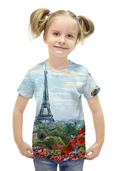 Заказать детскую футболку в Москве. Футболка с полной запечаткой для девочек Эйфелева башня от Александр Гришин - готовые дизайны и нанесение принтов.