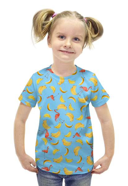 Заказать детскую футболку в Москве. Футболка с полной запечаткой для девочек Бананы и фламинго от valezar - готовые дизайны и нанесение принтов.