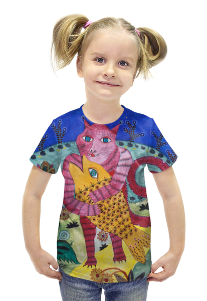 Заказать детскую футболку в Москве. Футболка с полной запечаткой для девочек Кот-рыболов и золотая рыбка от nedbailo@gmail.com - готовые дизайны и нанесение принтов.