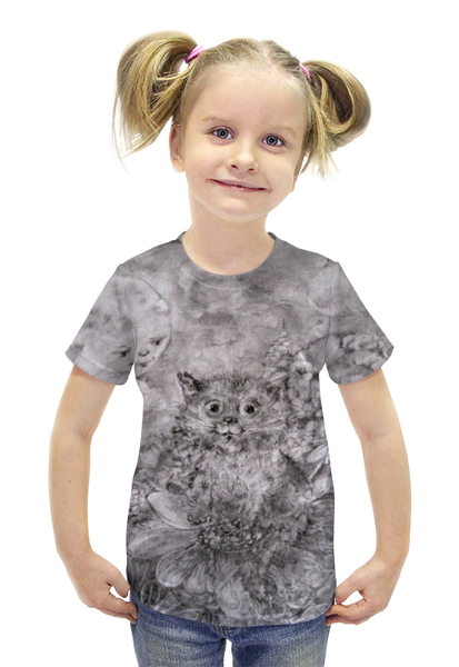 Заказать детскую футболку в Москве. Футболка с полной запечаткой для девочек Лунный котенок от Anna Lomachenko - готовые дизайны и нанесение принтов.