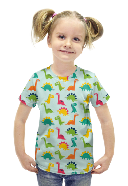Заказать детскую футболку в Москве. Футболка с полной запечаткой для девочек Динозаврики от Amerikanka - готовые дизайны и нанесение принтов.