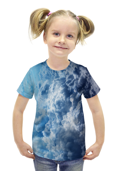Заказать детскую футболку в Москве. Футболка с полной запечаткой для девочек Облака от trugift - готовые дизайны и нанесение принтов.