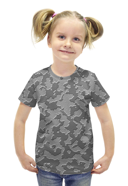 Заказать детскую футболку в Москве. Футболка с полной запечаткой для девочек Тёмно-Серый Камуфляж от armyshop - готовые дизайны и нанесение принтов.