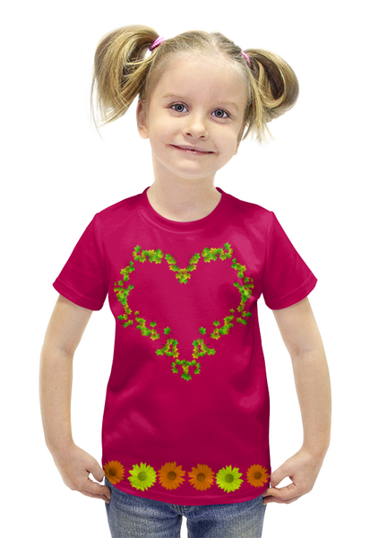 Заказать детскую футболку в Москве. Футболка с полной запечаткой для девочек Сердечки и ромашки от Koroleva - готовые дизайны и нанесение принтов.