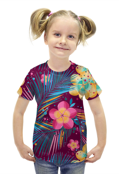 Заказать детскую футболку в Москве. Футболка с полной запечаткой для девочек Пестрые тропики от IrinkaArt  - готовые дизайны и нанесение принтов.