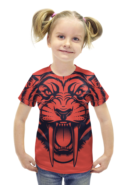 Заказать детскую футболку в Москве. Футболка с полной запечаткой для девочек Саблезубый тигр от Виктор Гришин - готовые дизайны и нанесение принтов.