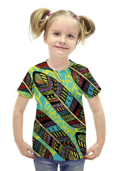 Заказать детскую футболку в Москве. Футболка с полной запечаткой для девочек Перья Бохо от BeliySlon - готовые дизайны и нанесение принтов.
