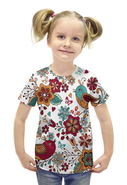 Заказать детскую футболку в Москве. Футболка с полной запечаткой для девочек Птицы и цветы от THE_NISE  - готовые дизайны и нанесение принтов.
