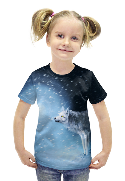 Заказать детскую футболку в Москве. Футболка с полной запечаткой для девочек Зима и Волк от  PRO_DESIGN - готовые дизайны и нанесение принтов.