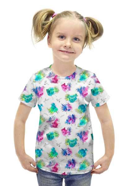 Заказать детскую футболку в Москве. Футболка с полной запечаткой для девочек петушки от Оля Ромахина - готовые дизайны и нанесение принтов.