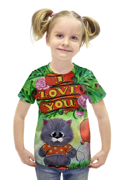 Заказать детскую футболку в Москве. Футболка с полной запечаткой для девочек Кот с шариком от Мария  - готовые дизайны и нанесение принтов.