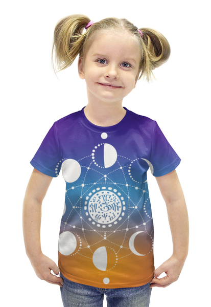 Заказать детскую футболку в Москве. Футболка с полной запечаткой для девочек Лунные фазы от Margarita Nia - готовые дизайны и нанесение принтов.