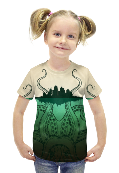 Заказать детскую футболку в Москве. Футболка с полной запечаткой для девочек Зелено-белое морское чудовище из глубин от Станислав - готовые дизайны и нанесение принтов.