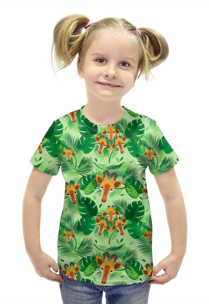 Заказать детскую футболку в Москве. Футболка с полной запечаткой для девочек Большие жирафы и жирафята в тропических листьях от IrinkaArt  - готовые дизайны и нанесение принтов.